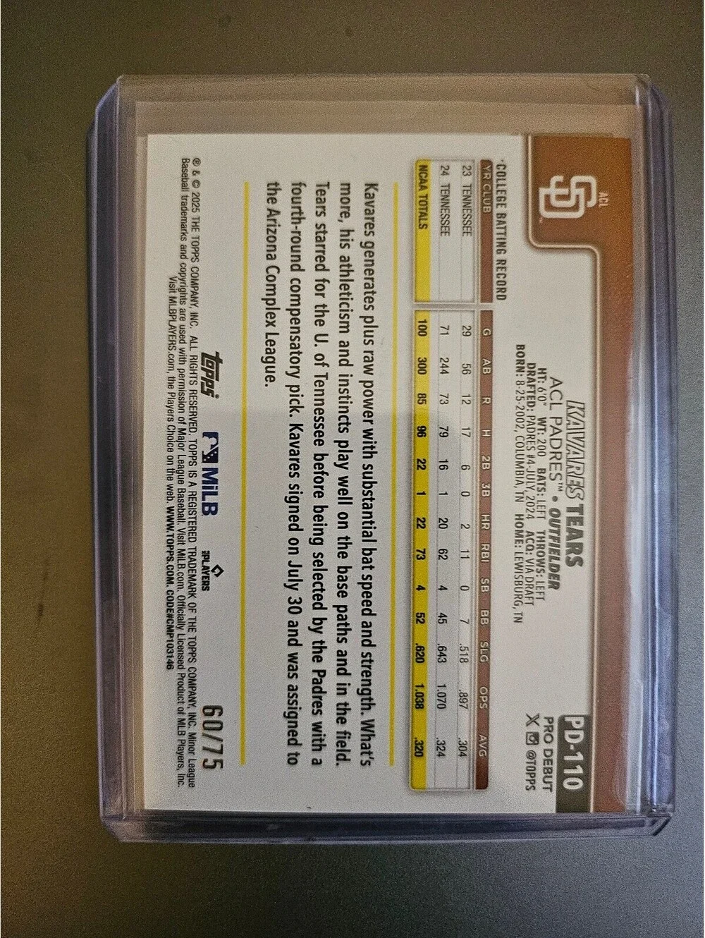 Kavares Tears [Aqua Foil] #PD-110 2025 Topps Pro Debut - No. /75 - Padres - Picture 2 of 3